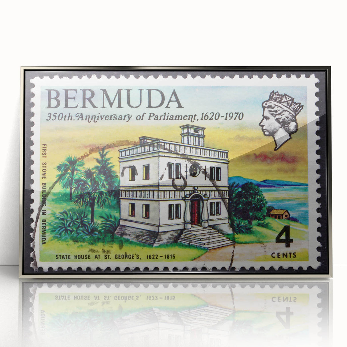 Framed acrylic print of a serene Bermuda coastline in muted blue and green tones, ideal for modern art wall decor.