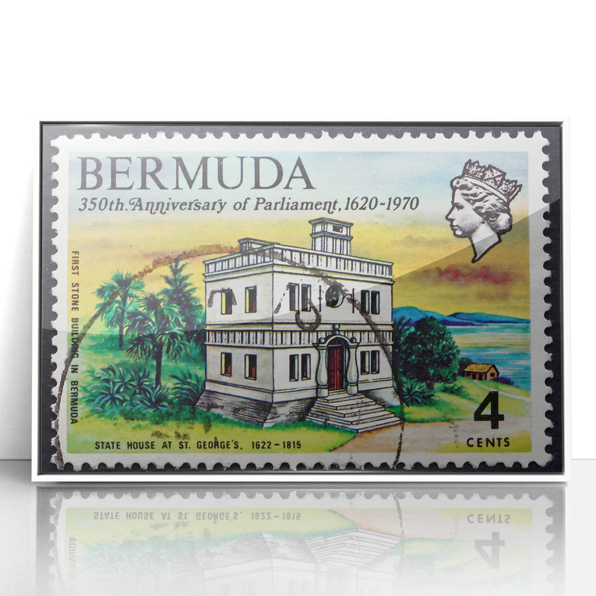 Mid-century modernist art of Caribbean Bermuda scenery in pastel shades, framed acrylic, ideal for nursery wall art.
