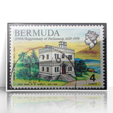 Mid-century modernist art of Caribbean Bermuda scenery in pastel shades, framed acrylic, ideal for nursery wall art.