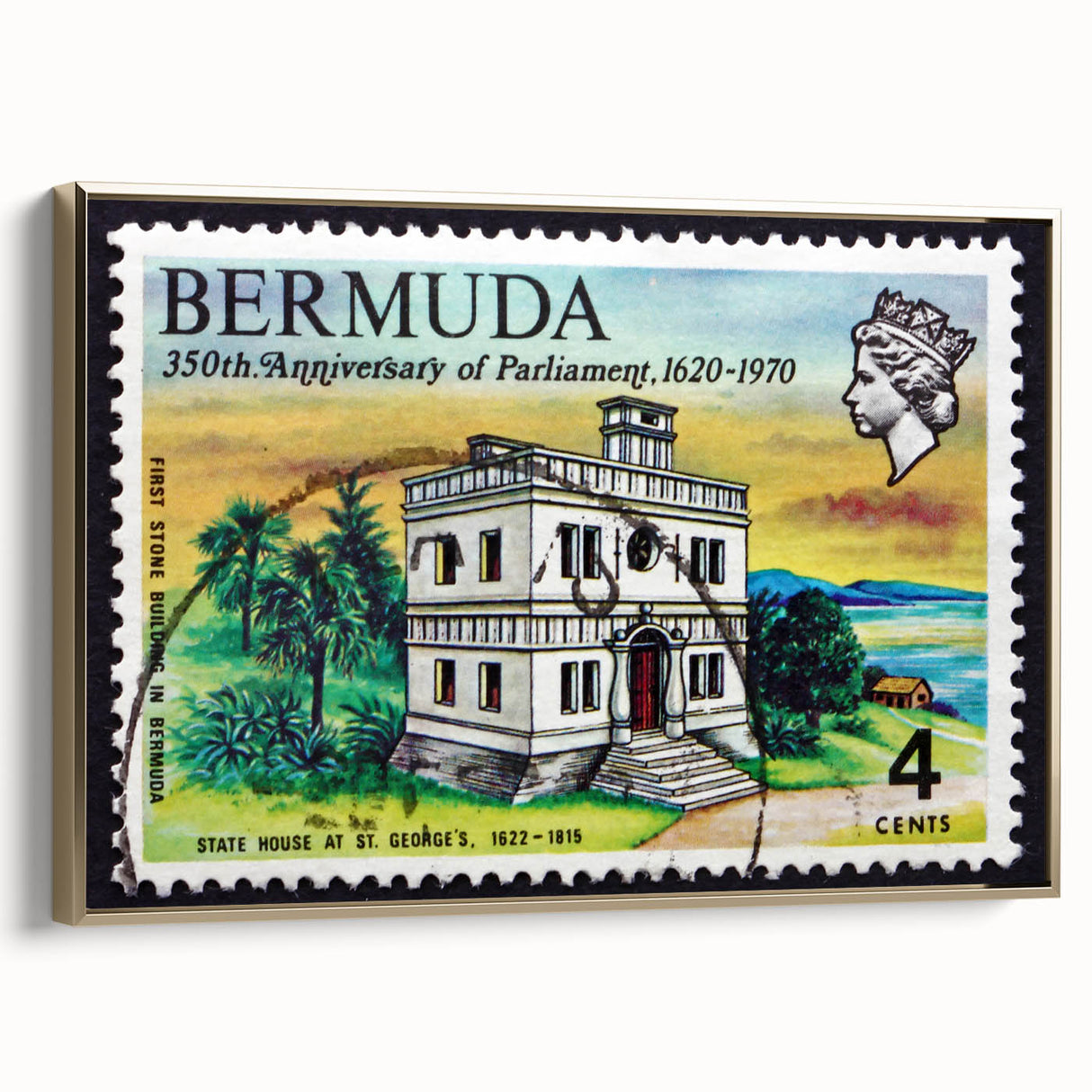 Framed canvas of a vintage-style Bermuda landscape in black and gold tones, ideal for bedroom wall art.
