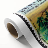 Art deco poster of a serene Caribbean scene in soft blue and green hues on rolled canvas, ideal for nursery wall art.