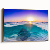 Framed canvas depicting a serene Caribbean landscape in muted blues and greens, ideal for bedroom wall art.