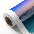 Art deco-style poster of a Caribbean scenery on rolled canvas, featuring serene blue and green hues.