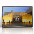 Large abstract wall art depicting a Caribbean scene in vibrant blue and green tones, framed in black acrylic.