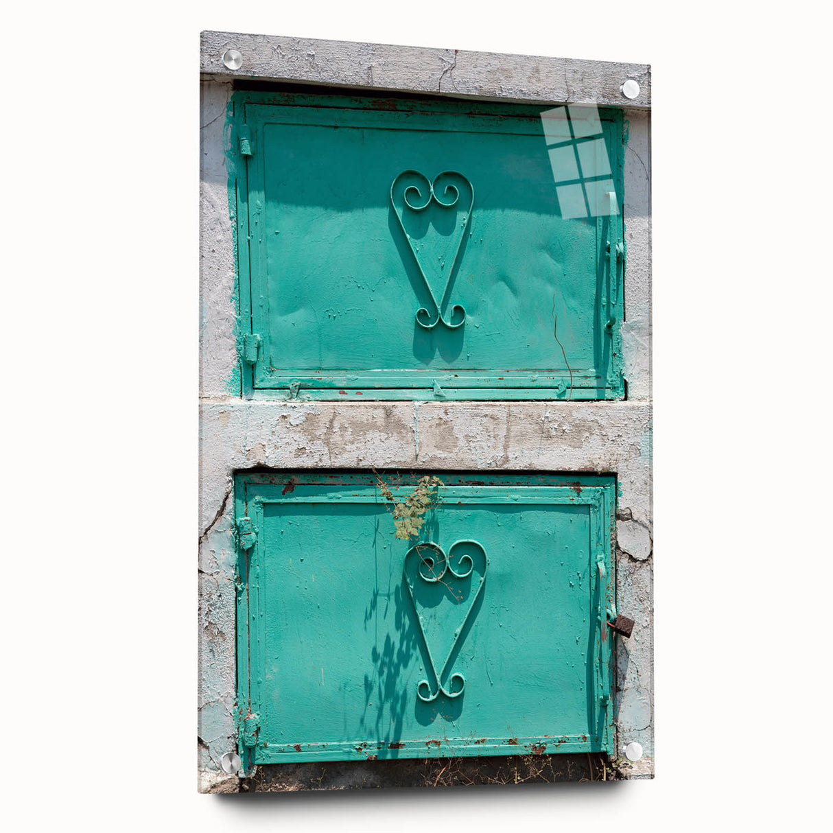 Large abstract wall art depicting a Caribbean scenery in vibrant blue and green tones on acrylic glass.