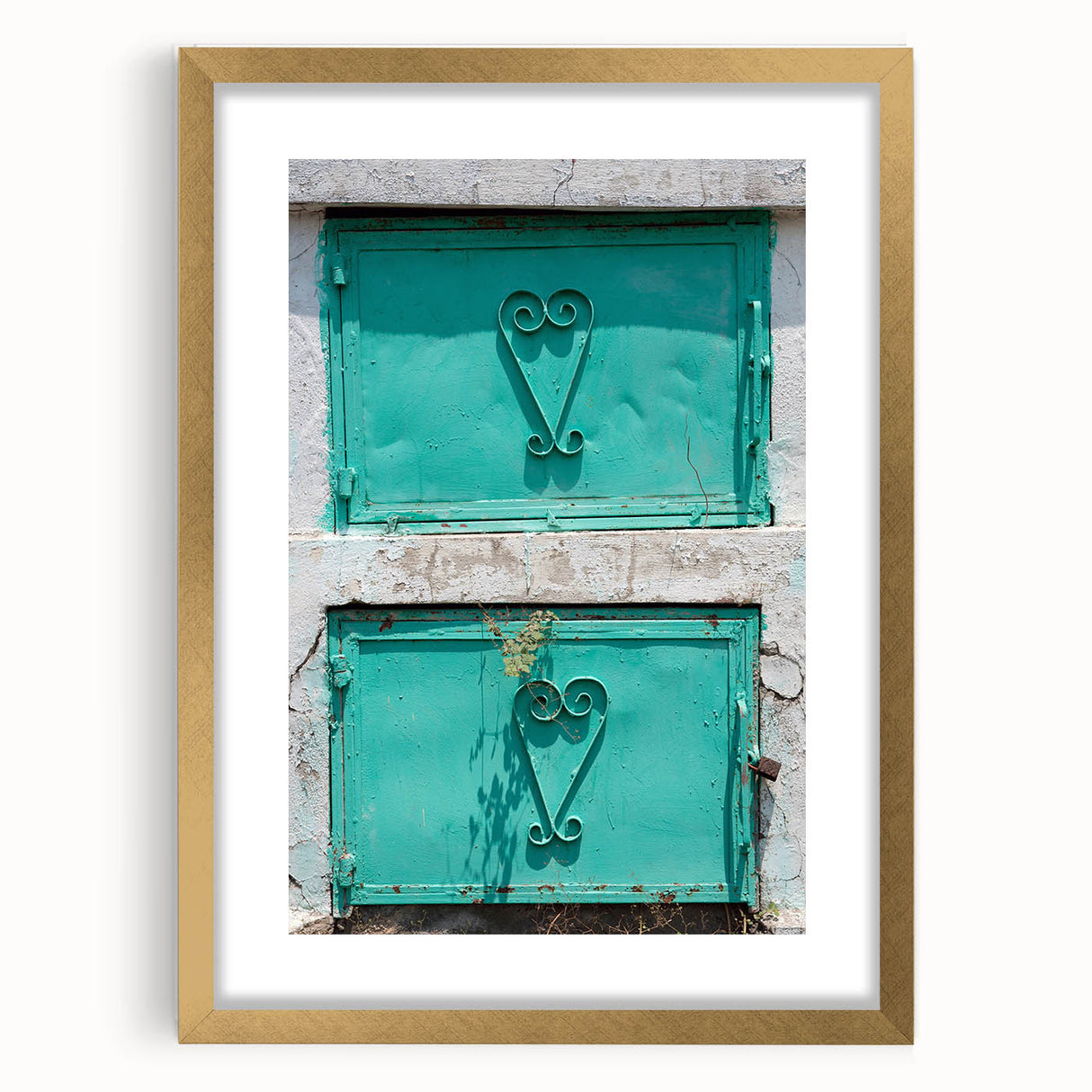 Abstract art print of a Caribbean scenery in muted blue and green tones on a framed canvas, ideal for dining room decor.