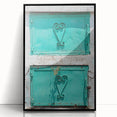Large abstract wall art depicting a Caribbean scene in muted blue and green tones on a framed acrylic.
