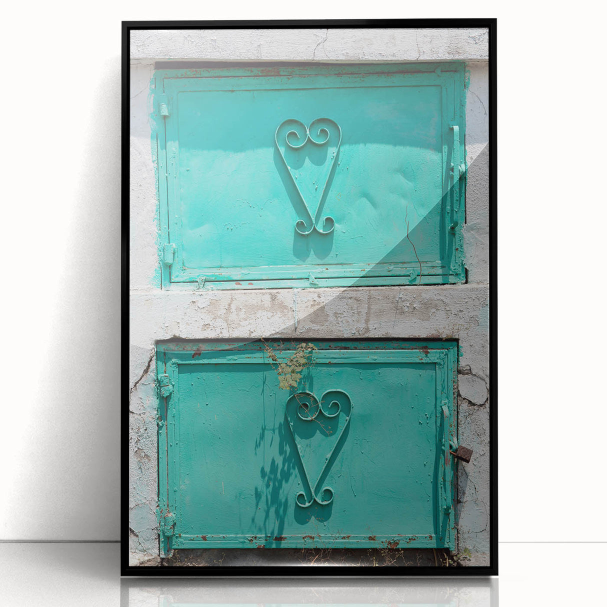 Large abstract wall art depicting a Caribbean scene in muted blue and green tones on a framed acrylic.