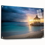 Acrylic print of a Caribbean seascape in vibrant blue and turquoise tones, suitable for bedroom or dining room decor.