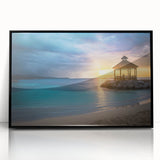 Large abstract wall art depicting a Caribbean scenery in vibrant blue and green tones, framed in black acrylic.