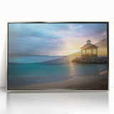 Art Deco-style poster of a Caribbean scenery in muted blue and green tones, acrylic print framed in silver.