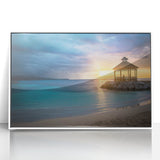 Large art print of a Caribbean scenery on white framed acrylic, with vibrant blue and green hues.