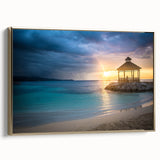 Vintage poster art of a Caribbean scenery on framed canvas, featuring vibrant colors and gold accents.