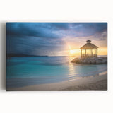 Black and white stretched canvas featuring a serene Caribbean beach scene, ideal for kitchen wall art or bedroom decor.