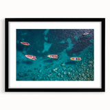 Extra large abstract art print featuring vibrant Caribbean scenery on a textured canvas, framed in black.