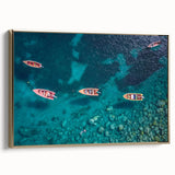 Framed canvas wall art depicting a vintage-style landscape of Martinique with lush greenery and ocean.