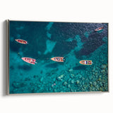 Framed canvas depicting a vintage Caribbean landscape with vibrant blue and green tones, ideal for living room decor.