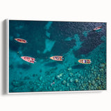 Vintage poster art of a Caribbean scenery on extra large framed canvas, featuring colorful art on a black background.