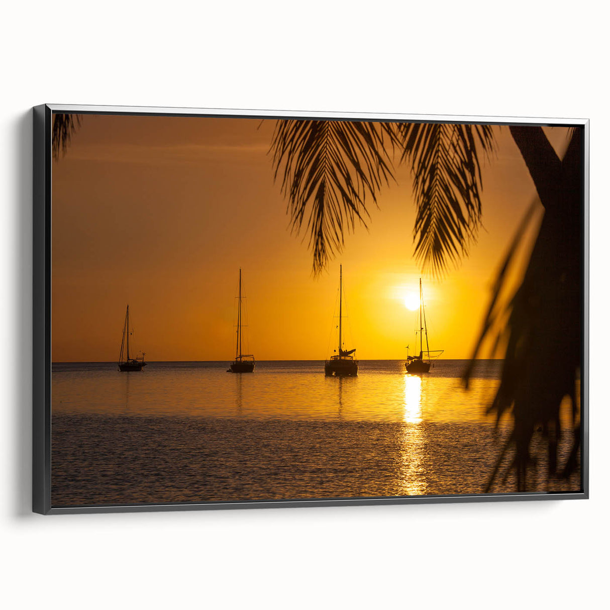 Black and white framed canvas of Caribbean Virgin Islands landscape, ideal for bedroom wall art.