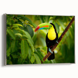 Framed canvas depicting a colorful Central American landscape with vibrant greens and blues, ideal for living room decor.