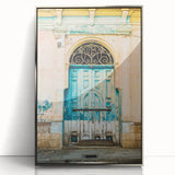Mid-century modernist art depicting a serene Salvadoran landscape in subdued earth tones on a silver-framed acrylic print.