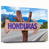 Acrylic glass print of a large abstract depiction of a Central American scenery in earthy tones.