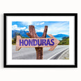 Extra large abstract art print depicting colorful, textured scenery of Central America on a black framed canvas.