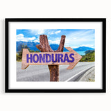Extra large abstract art print depicting colorful, textured scenery of Central America on a black framed canvas.
