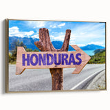 Framed canvas featuring a vintage-style landscape painting of Central America with predominant black and gold tones.