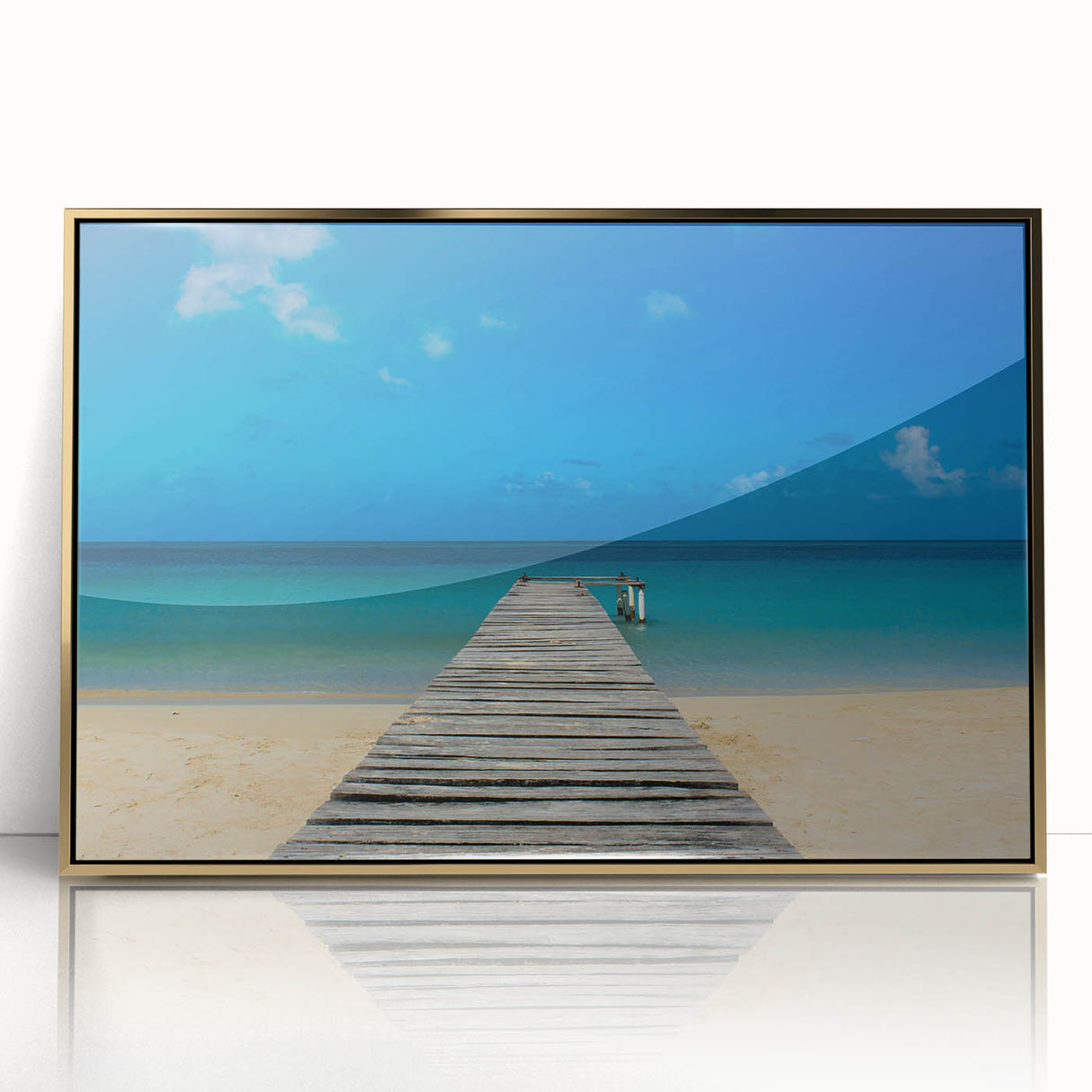 Mid-century modernist acrylic print of a Central American landscape in muted earth tones, framed in gold.