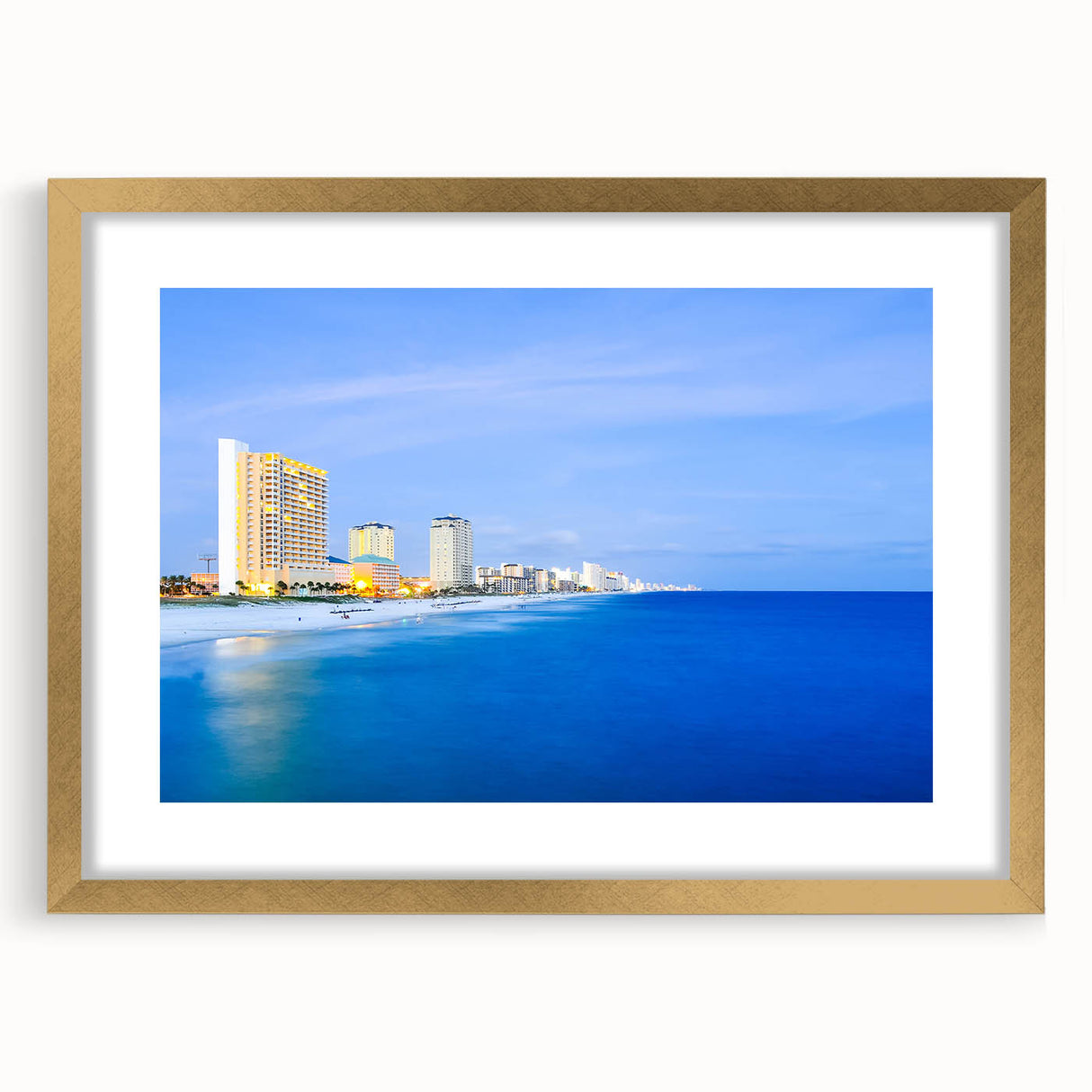 Textured abstract art print of a Central American scenery in muted earth tones, framed in gold, ideal for bedroom decor.