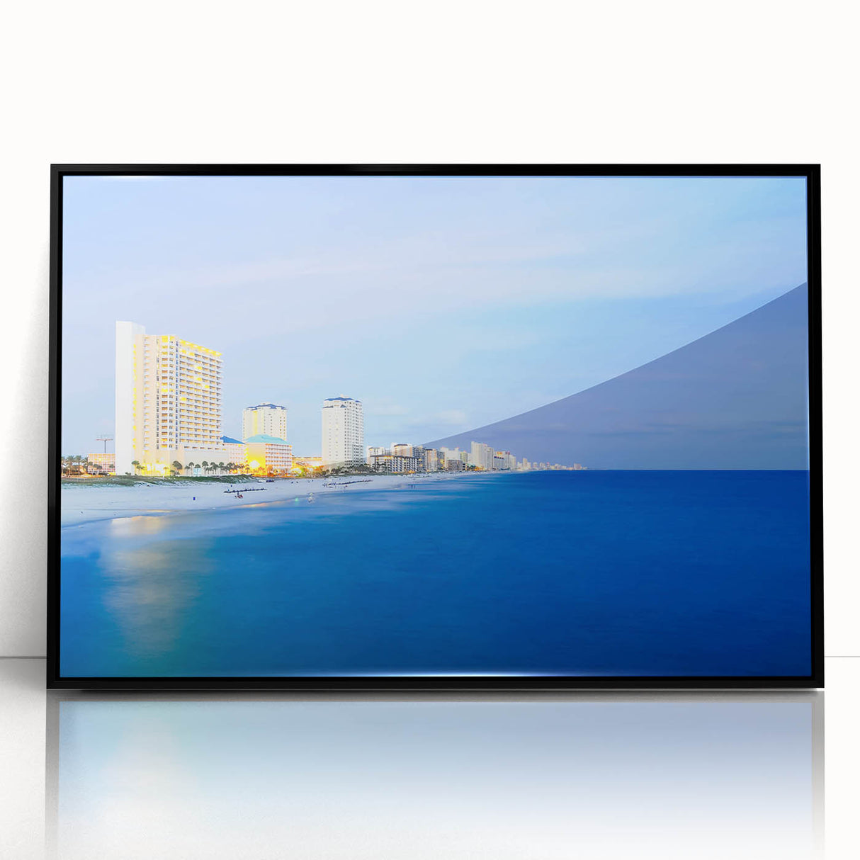Large abstract wall art depicting a stylized Panama scenery in mid-century modernist style, framed in black acrylic.