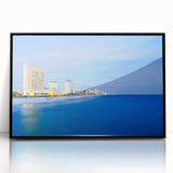 Large abstract wall art depicting a stylized Panama scenery in mid-century modernist style, framed in black acrylic.
