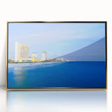 Mid-century modernist art of Central America scenery in Panama, framed acrylic with gold tones.