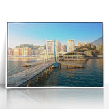 Mid-century modernist art depicting a serene Albanian landscape in muted green and blue tones, framed acrylic print.