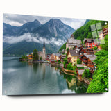 Large abstract depiction of a European scenery in muted earth tones on acrylic glass.