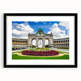 Extra large abstract art print featuring a colorful, textured depiction of a European scenery on a black framed canvas.