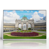 Mid-century modernist art depicting a serene European landscape in muted earth tones, framed acrylic print.