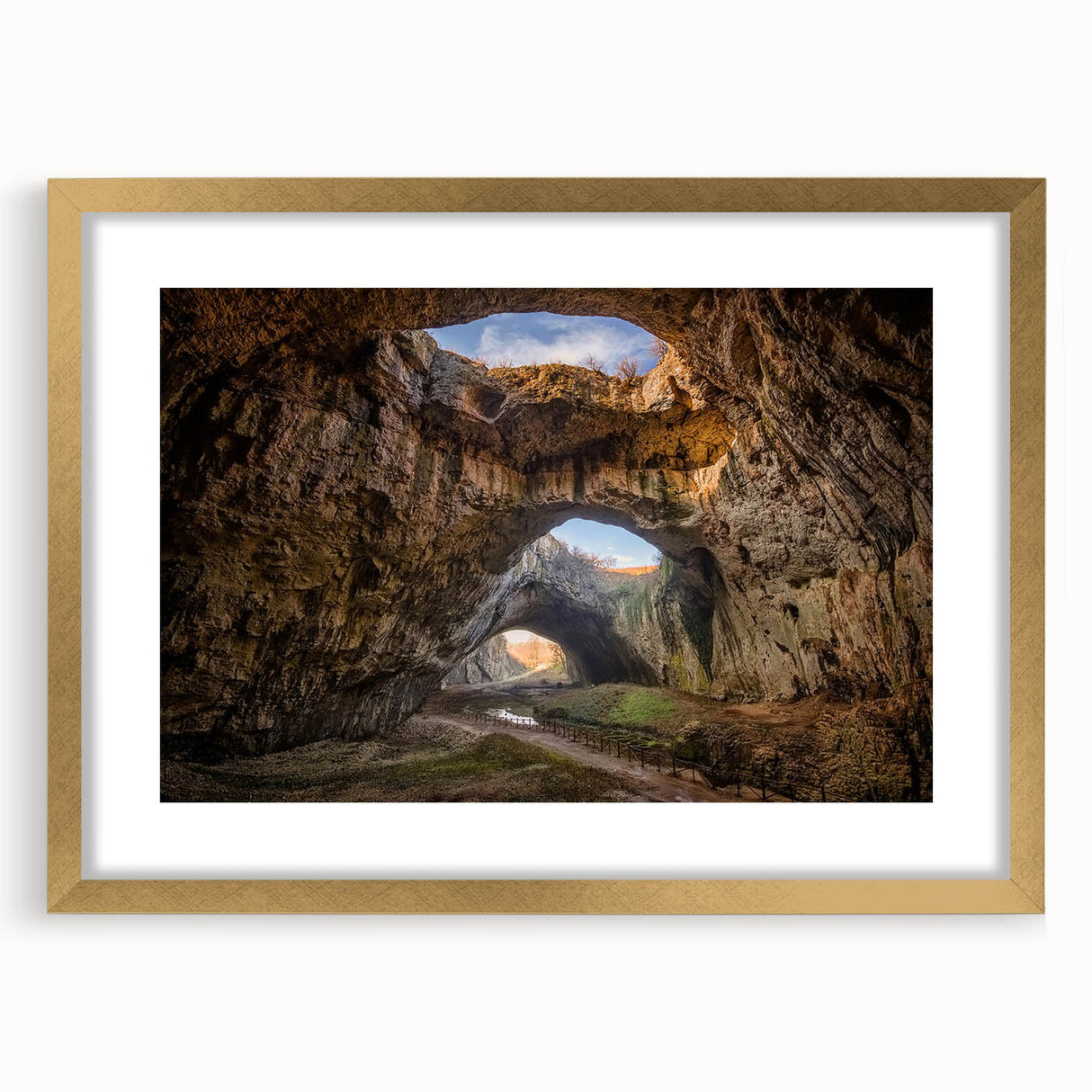 Abstract art print depicting a European Bulgarian landscape in muted earth tones on a framed canvas.