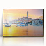 Art deco poster of a Croatian landscape in gold acrylic frame, featuring muted earth tones.