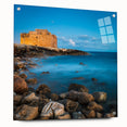 Large abstract depiction of a European Cyprus scenery on acrylic glass, featuring earthy green and blue tones.