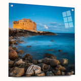 Large abstract depiction of a European Cyprus scenery on acrylic glass, featuring earthy green and blue tones.