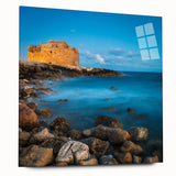 Large abstract wall art of a European Cyprus landscape in muted earth tones on acrylic glass.
