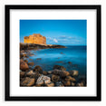 Extra large abstract art print of a colorful, textured European scenery on a black framed canvas.