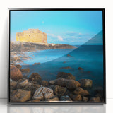 Large abstract wall art featuring a mid-century modernist style with vibrant colors, framed in black acrylic.