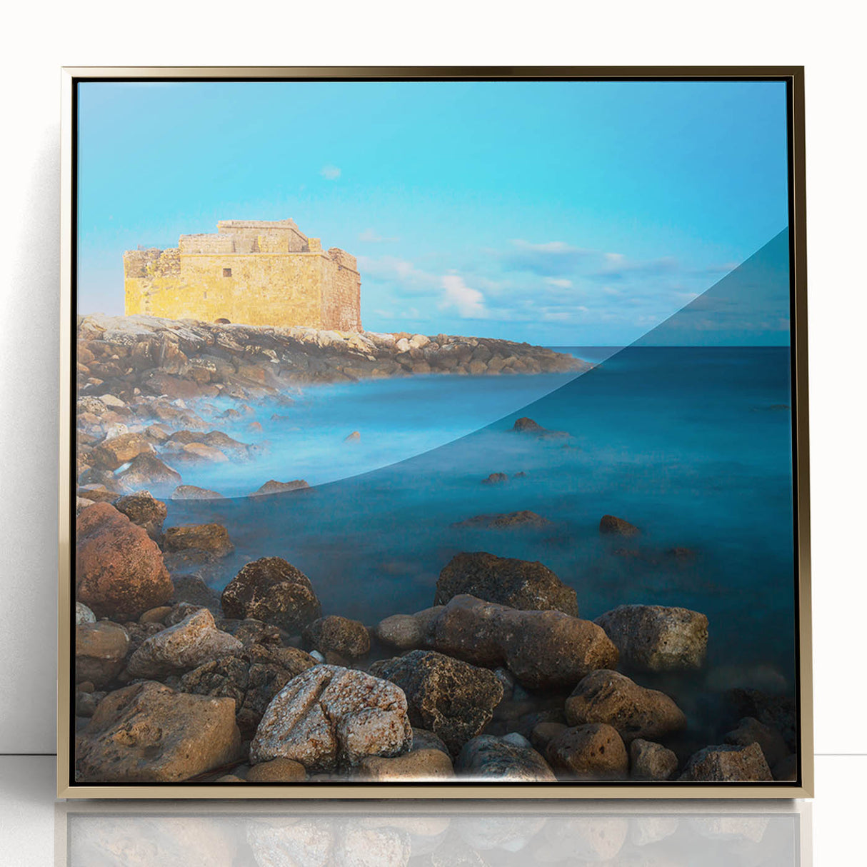 Acrylic print of a European Cyprus landscape in art deco style, ideal for modern nursery wall decor.