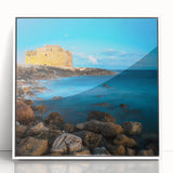 Mid-century modernist art depicting a European Cyprus landscape in muted earth tones on a framed acrylic panel.
