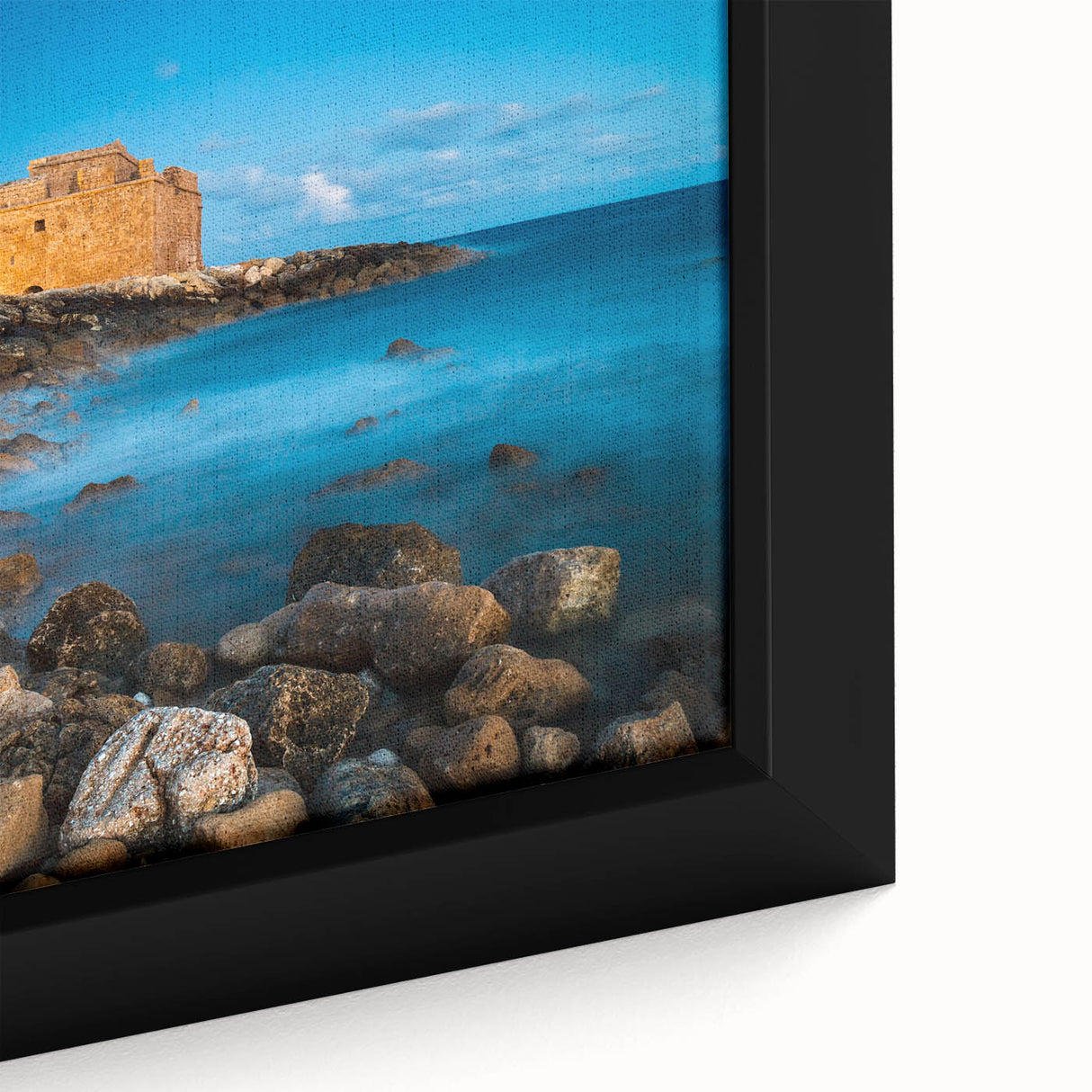Extra large framed canvas depicting a textured scene of Cyprus with vibrant, colorful artwork, ideal for living room decor.
