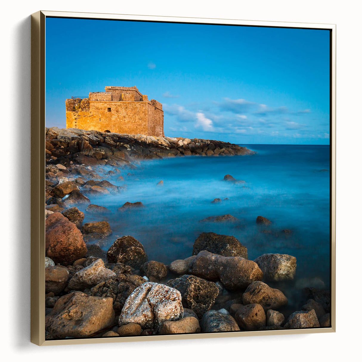 Framed canvas wall art featuring a vintage-style landscape of Cyprus in silver and gold tones, ideal for bedroom decor.