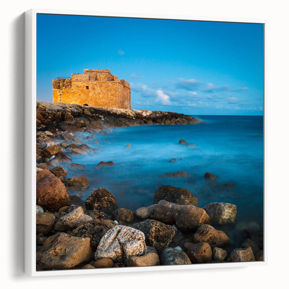 Vintage poster art of a European Cyprus landscape in vibrant colors on a white-framed canvas, suitable for living room decor.